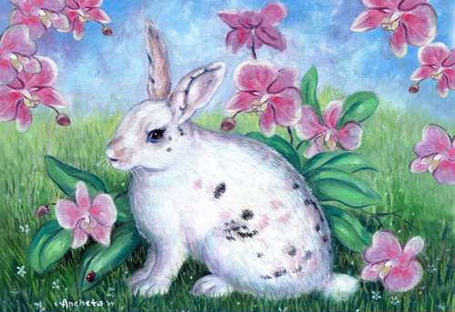 White rabbit with spot of blacks backgrounds with pink orchids and green grasses - oil painting by Richard Ancheta.