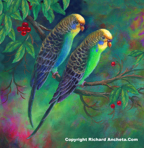 Two parakeets - perruche ondule with golden face and neon green neck, rippled purple feathers hanging on a twigs of red berries - oil painting by Richard Ancheta.