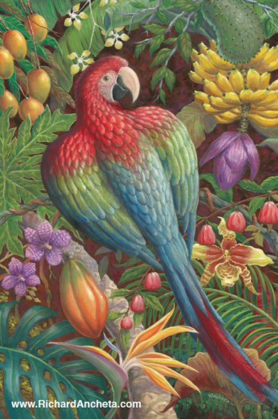 Red-and-green macaw painting with heart shape composition, red parrot with green - blue wings, decorated with yellow bananas, mangoes, papaya, rose-apple, soursop, birds of paradise flower and variety of orchids - oil painting by Richard Ancheta.