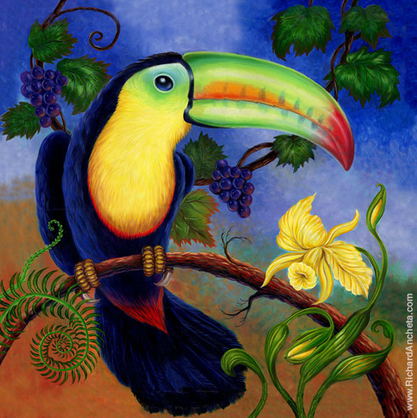  Toucan Painting  with grapes and orchides, Oil Painting by Richard Ancheta