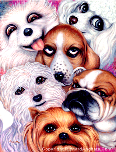 Dog Show with six dogs - poodle, bulldog, terrier, beagle, maltese and husky,  oil painting by Richard Ancheta.