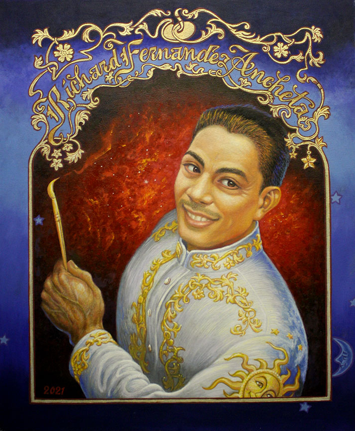 Richard Fernandez Ancheta - oil portrait on canvas - artist oil painting portrait, self portrait with calligraphy artist crest, painting nebula with sun, earth, moon and stars decorations.