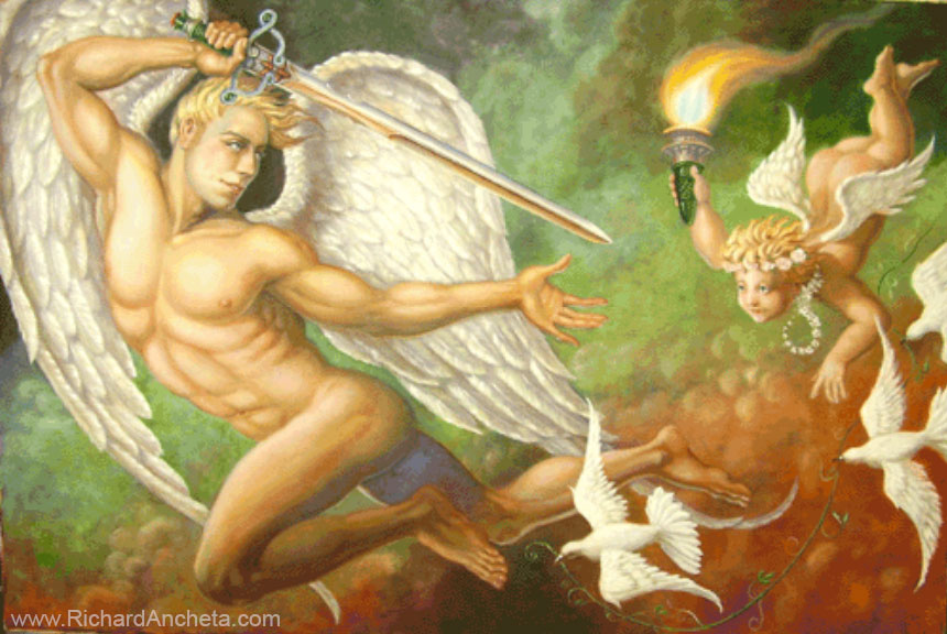 Neoclassical mural of angel and cupid oil painting by Richard Ancheta - Montreal