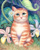 Tabby golden cat with orchids and flower oil painting.
