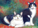 Two cats with black and white furs oil painting.